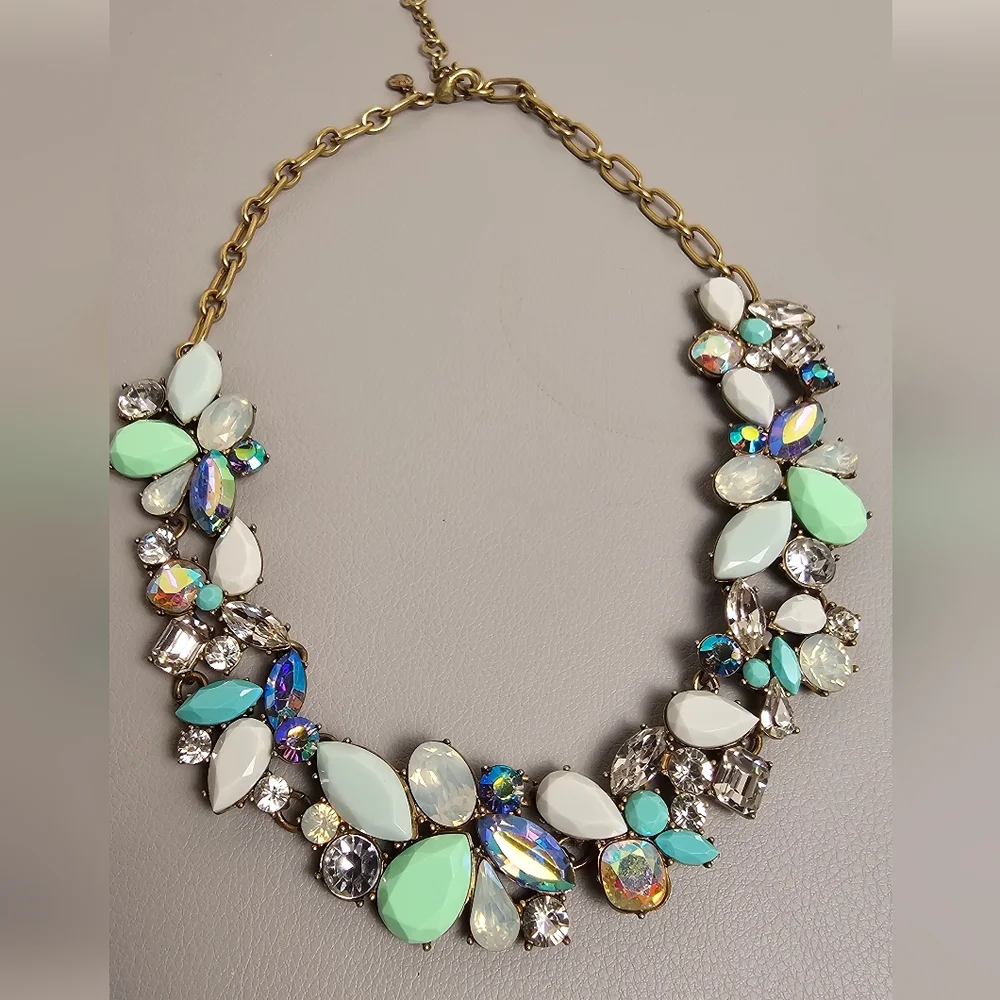 [J. Crew] Cluster Statement Necklace Mint Green, Gray White & Iridescent Stones